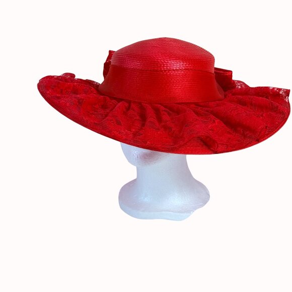 Vintage Wide Brimmed Derby Hat Red Flat Top Lace Bow Dramatic Silhouette - Picture 13 of 14